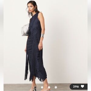 ASOS fringe chevron detail maxi dress dark blue Navy Sleeveless slit Gown NWT